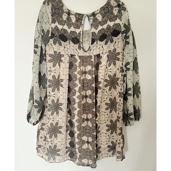 Free People Brown Cream Boho Sheer Shift Dress Chiffon Peasant Sleeves Sz S - Picture 2 of 8